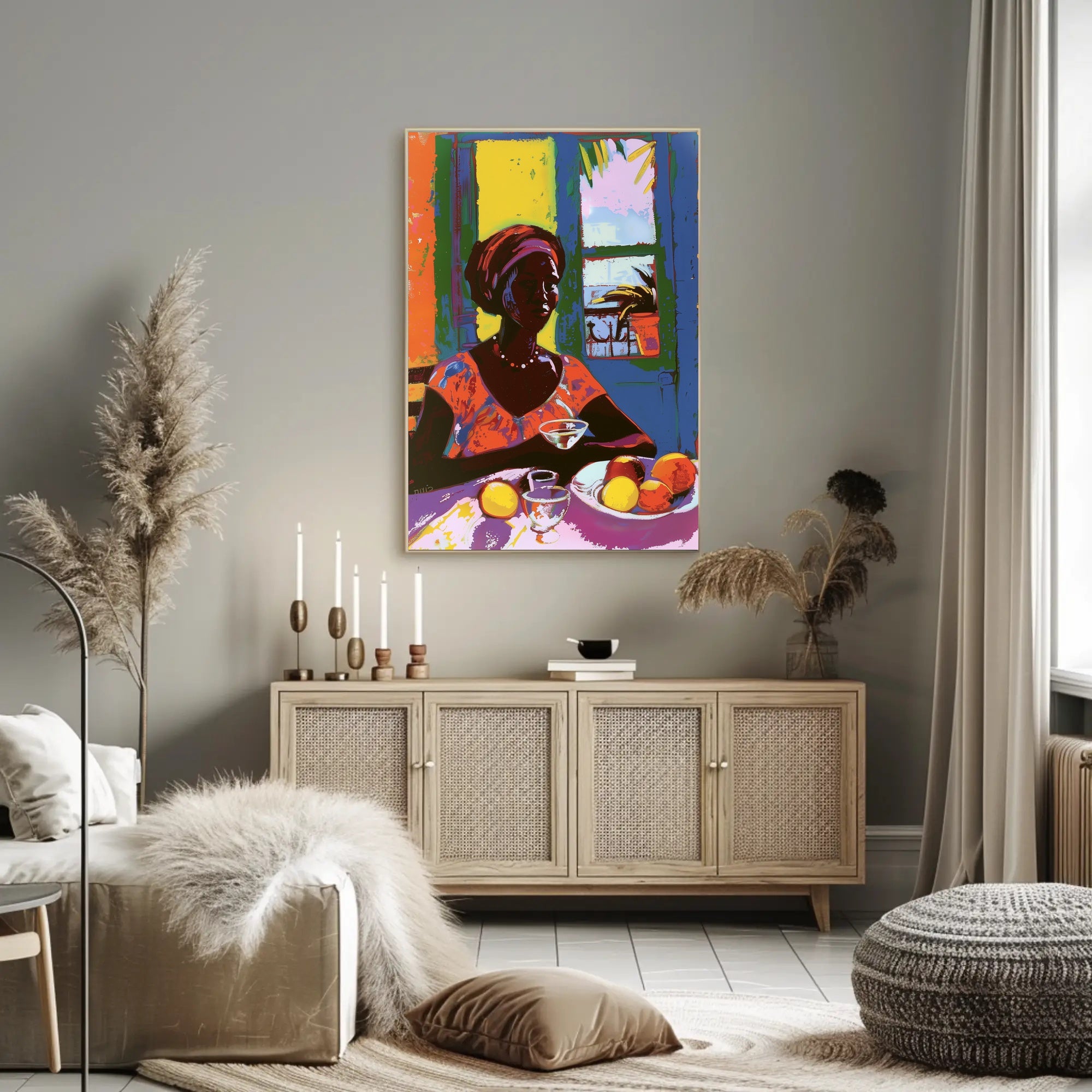 Vibrant Tropical Woman Artwork with Fruit and Colorful Attire Poster PosterGoat