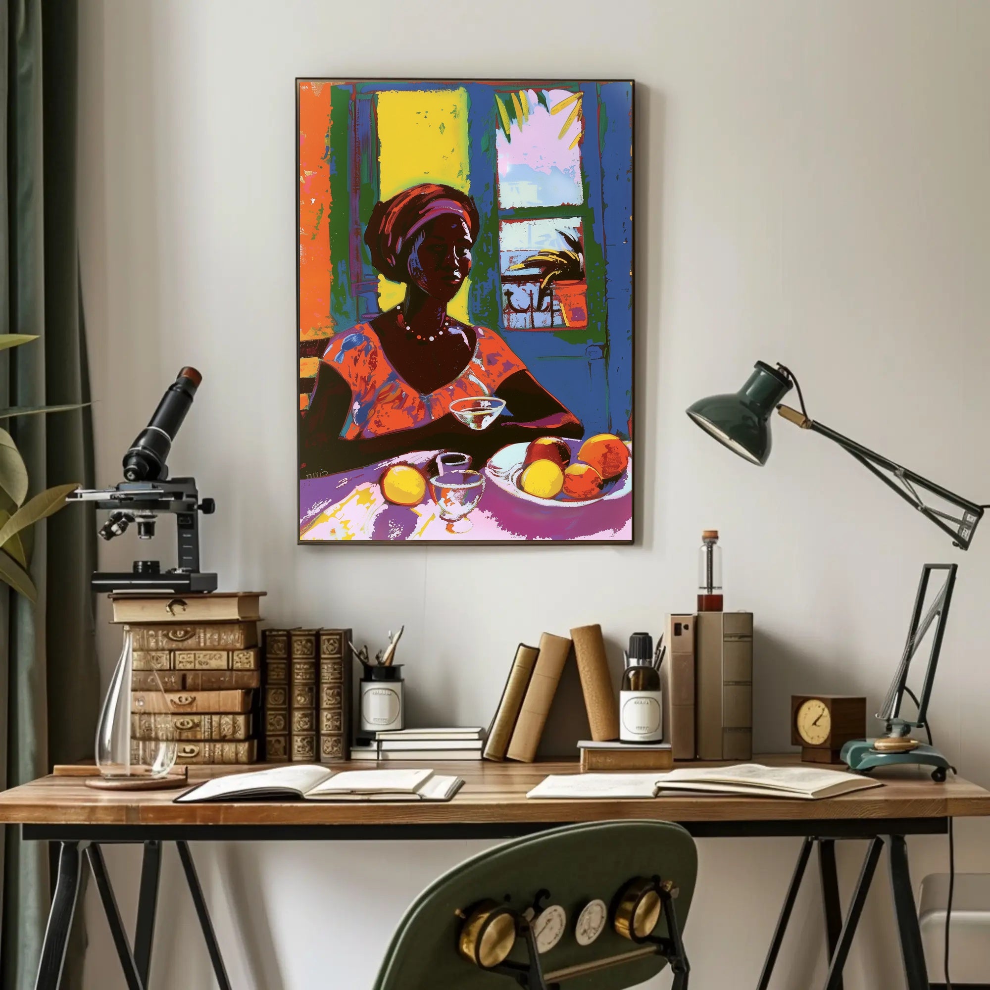 Vibrant Tropical Woman Artwork with Fruit and Colorful Attire Poster PosterGoat