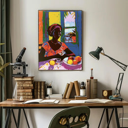 Vibrant Tropical Woman Artwork with Fruit and Colorful Attire Poster PosterGoat