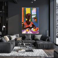Vibrant Tropical Woman Artwork with Fruit and Colorful Attire Poster PosterGoat