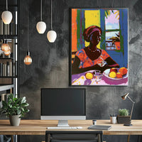Vibrant Tropical Woman Artwork with Fruit and Colorful Attire Poster PosterGoat