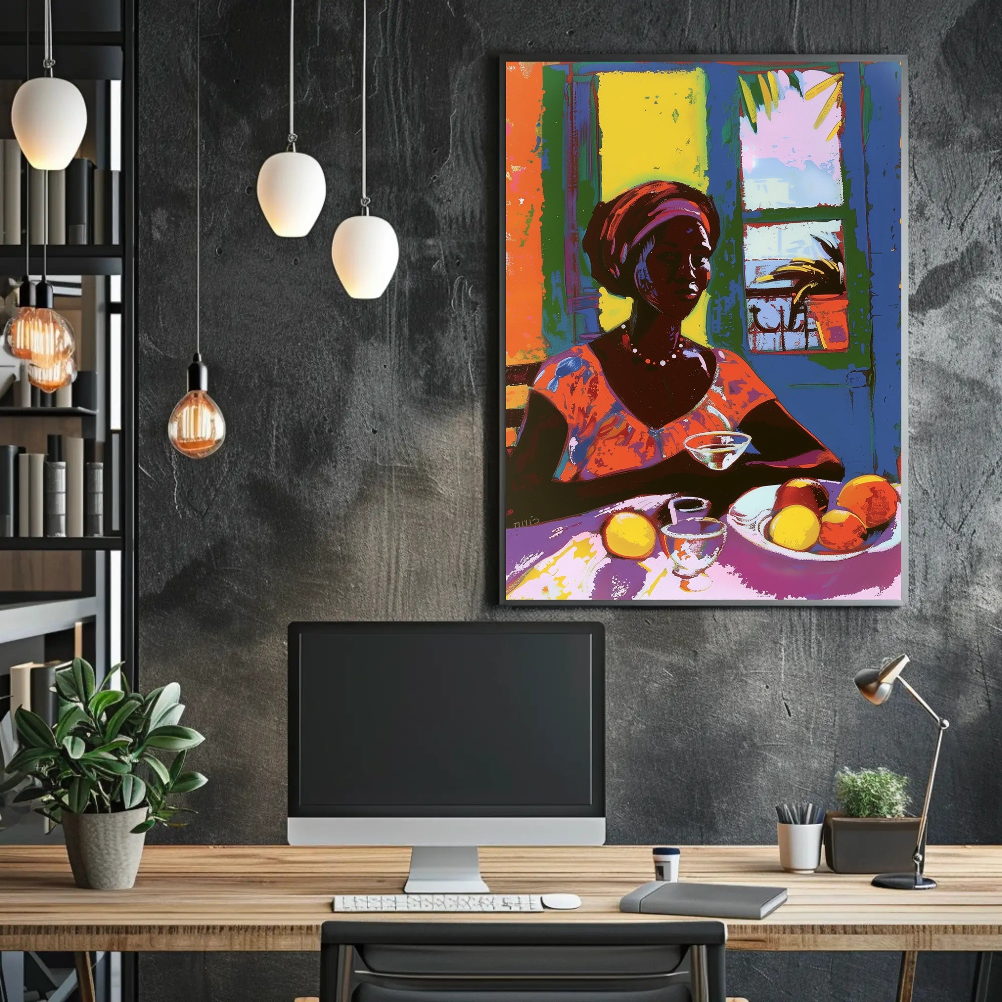 Vibrant Tropical Woman Artwork with Fruit and Colorful Attire Poster PosterGoat