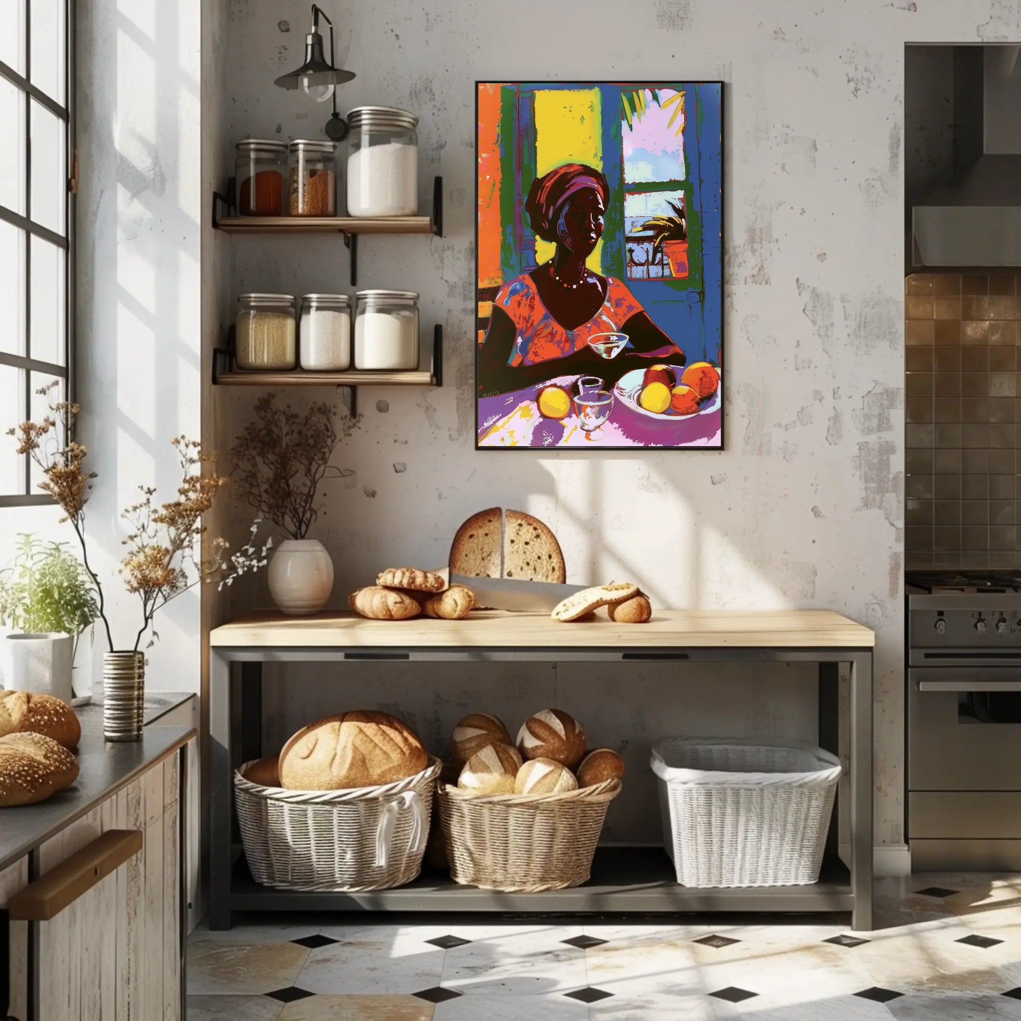 Vibrant Tropical Woman Artwork with Fruit and Colorful Attire Poster PosterGoat