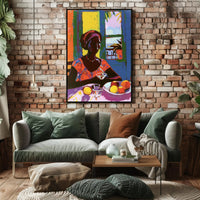 Vibrant Tropical Woman Artwork with Fruit and Colorful Attire Poster PosterGoat