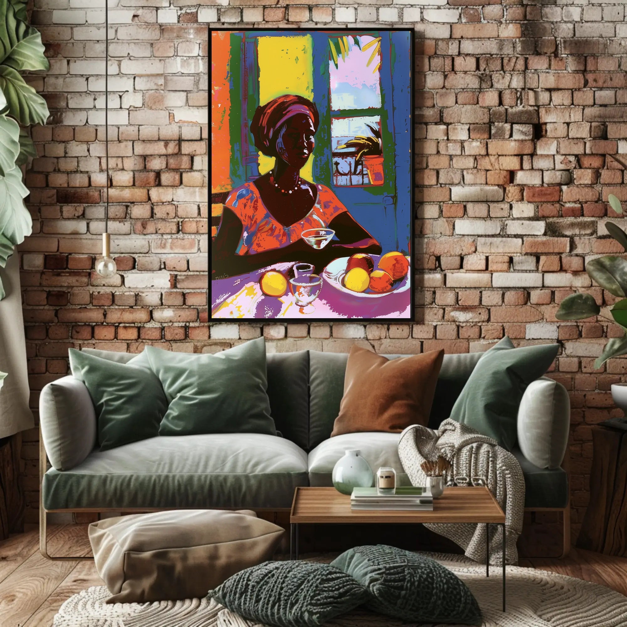 Vibrant Tropical Woman Artwork with Fruit and Colorful Attire Poster PosterGoat