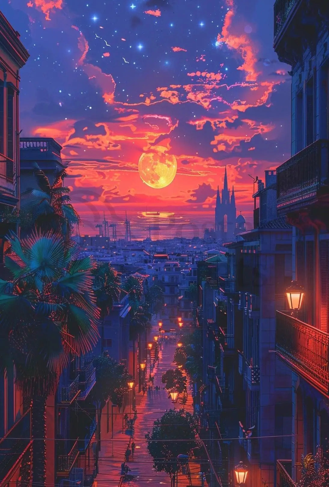 Vibrant Urban Sunset Scene with European Charm Travel Poster PosterGoat