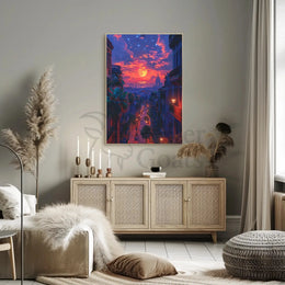 Vibrant Urban Sunset Scene with European Charm Travel Poster PosterGoat