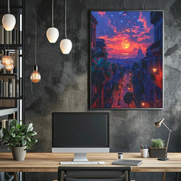 Vibrant Urban Sunset Scene with European Charm Travel Poster PosterGoat