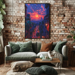 Vibrant Urban Sunset Scene with European Charm Travel Poster PosterGoat