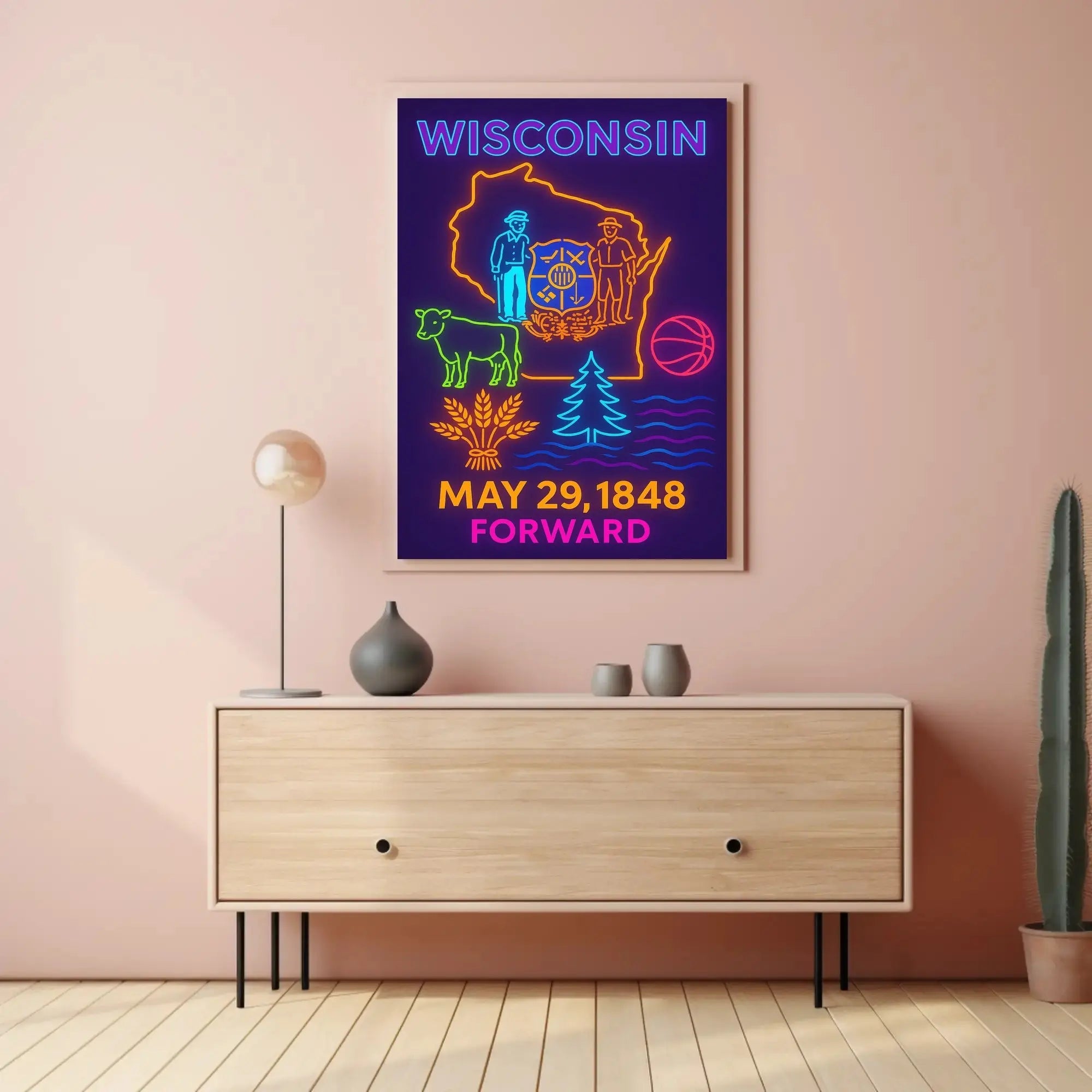 Vibrant Wisconsin Heritage Neon Art Cultural or Heritage Poster PosterGoat