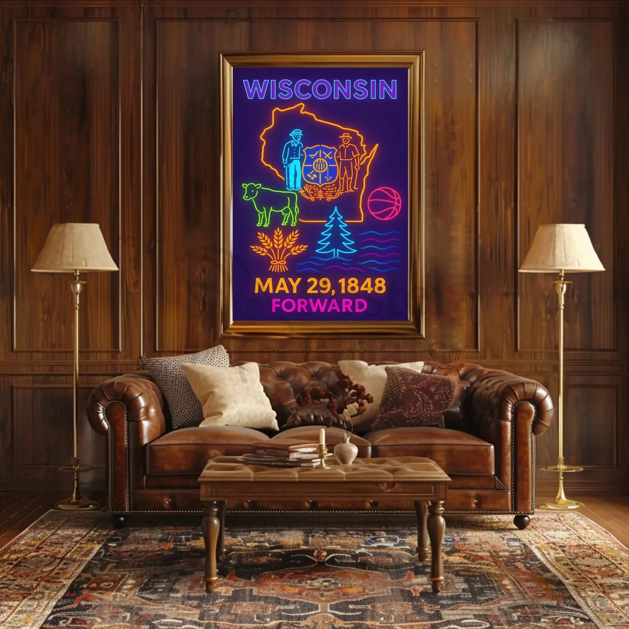 Vibrant Wisconsin Heritage Neon Art Cultural or Heritage Poster PosterGoat