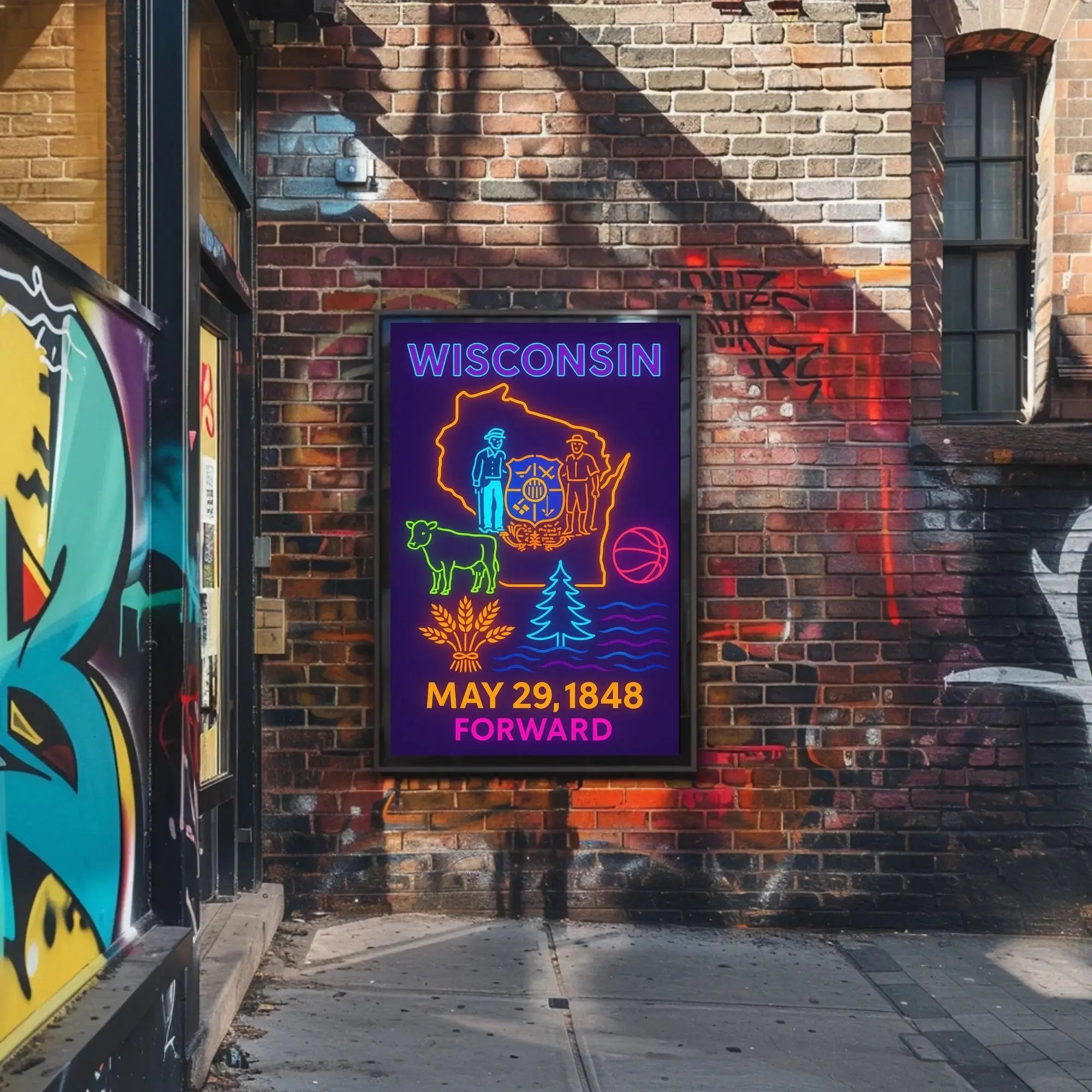 Vibrant Wisconsin Heritage Neon Art Cultural or Heritage Poster PosterGoat