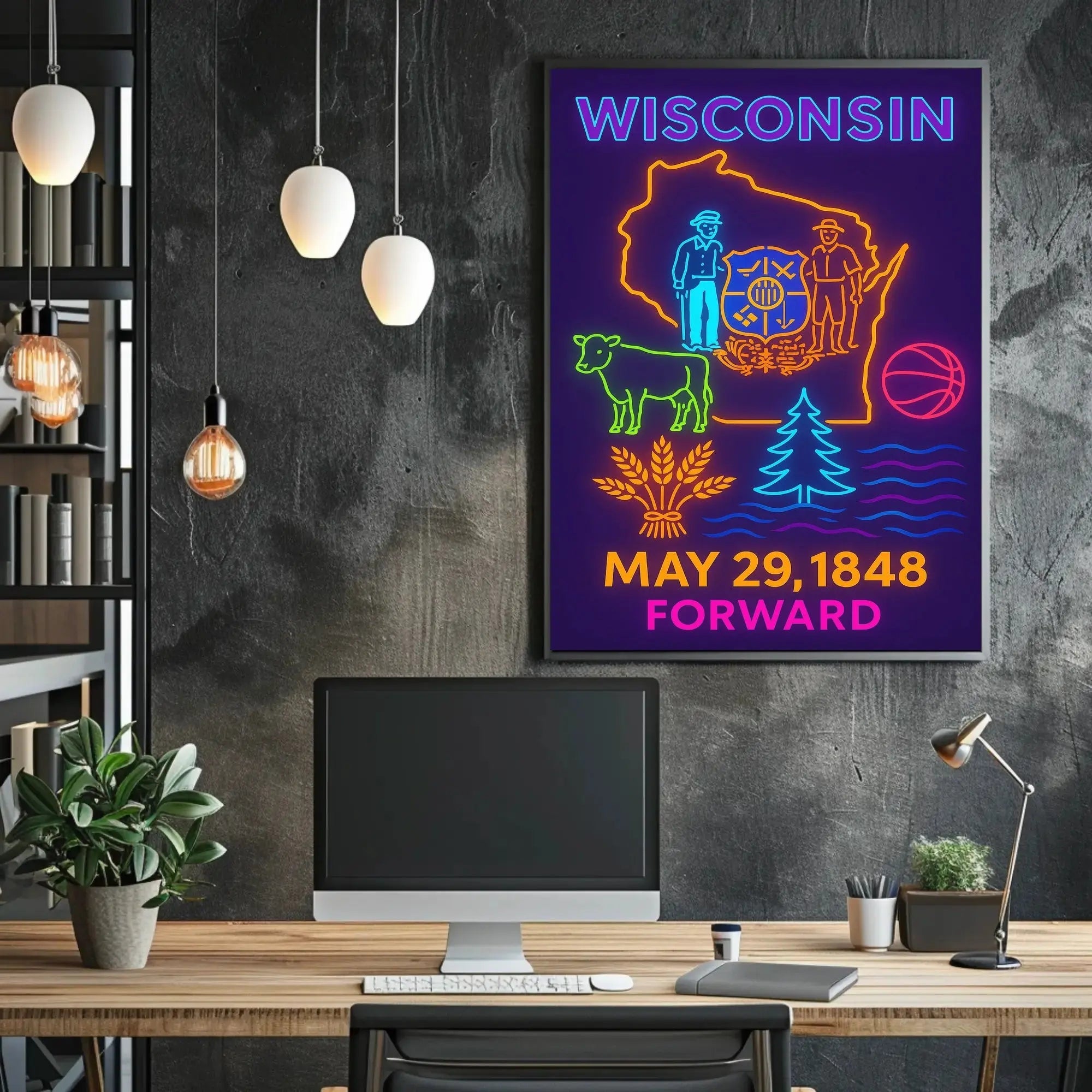 Vibrant Wisconsin Heritage Neon Art Cultural or Heritage Poster PosterGoat