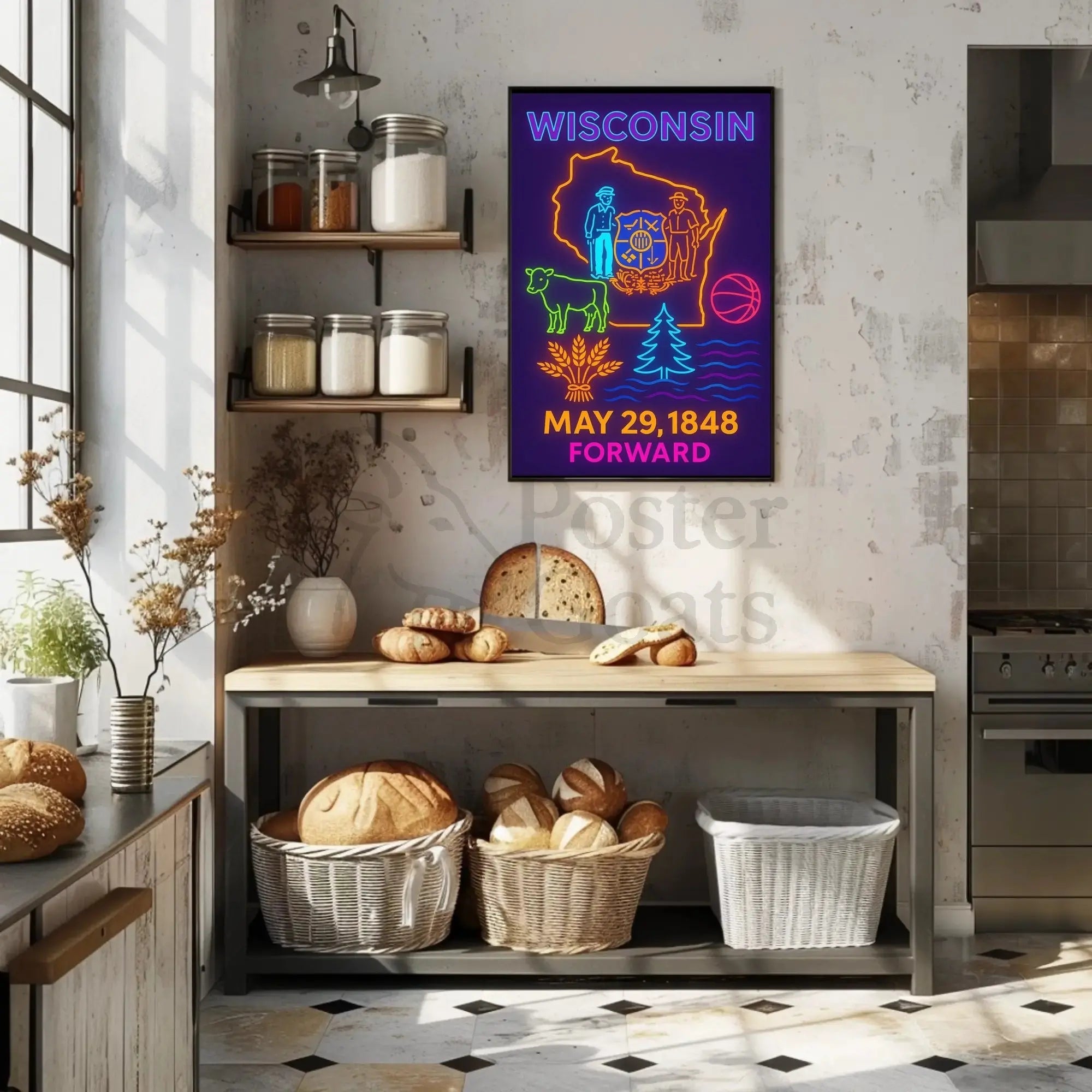 Vibrant Wisconsin Heritage Neon Art Cultural or Heritage Poster PosterGoat