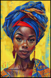 Vibrant Woman Portrait with Geometric Headwrap - Cultural or Heritage Poster PosterGoat