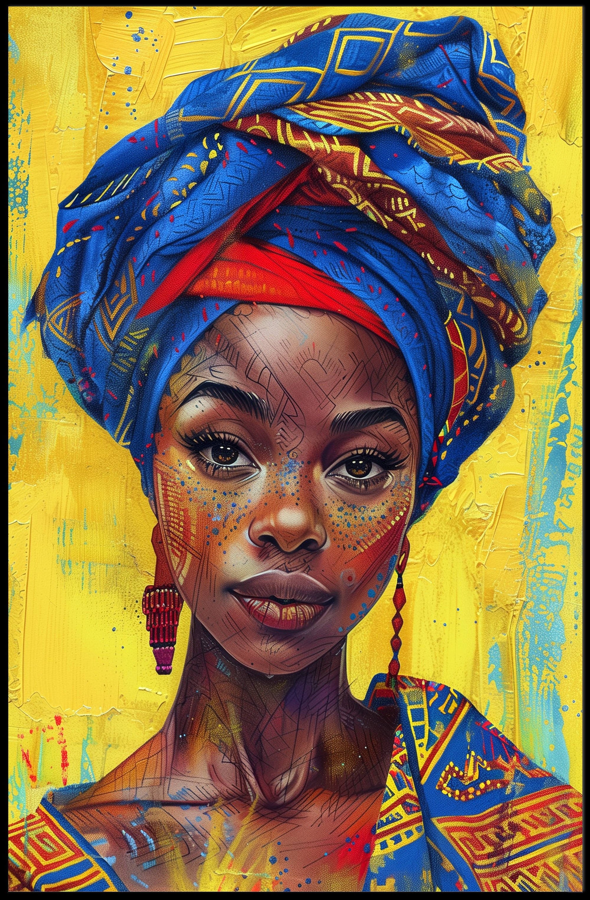 Vibrant Woman Portrait with Geometric Headwrap - Cultural or Heritage Poster PosterGoat