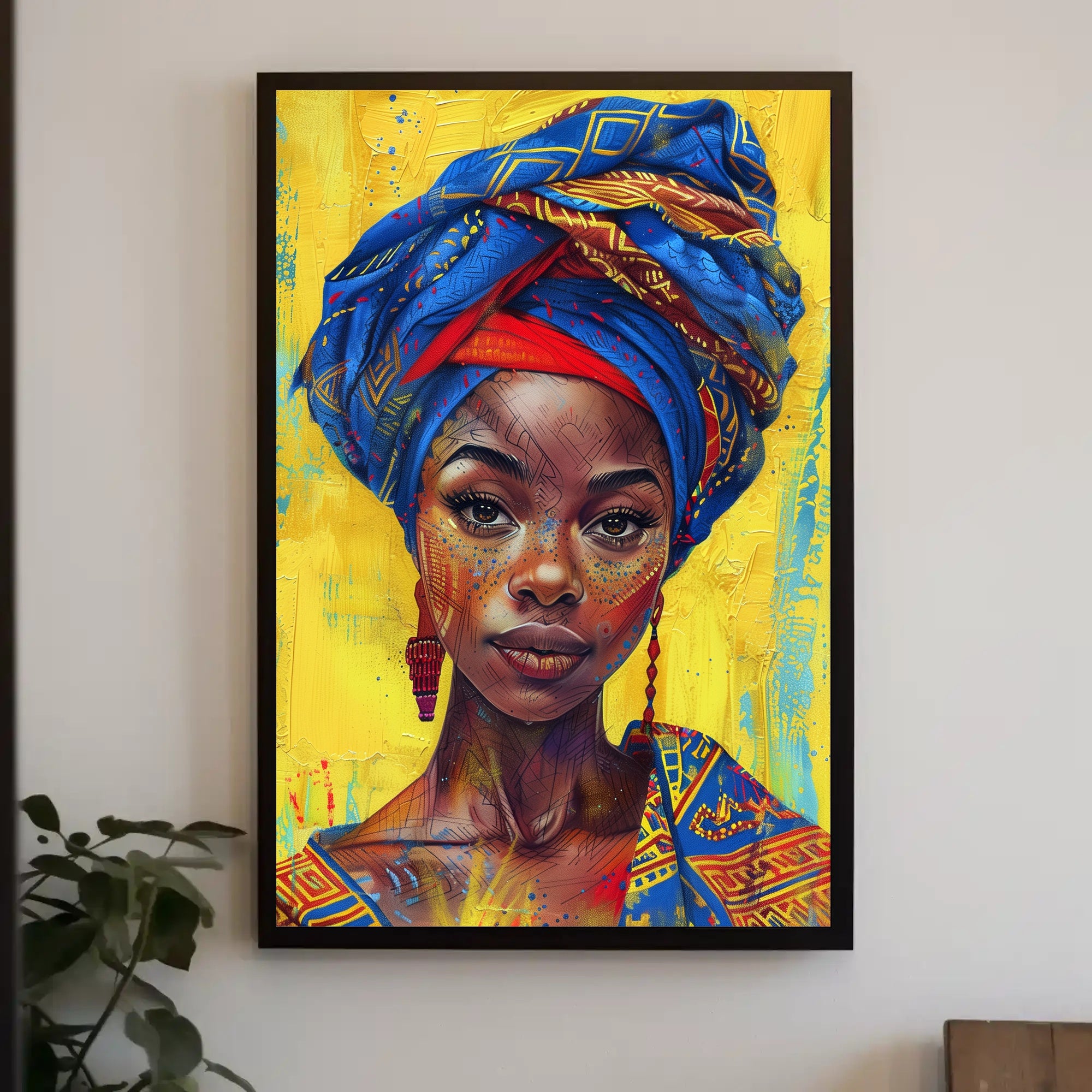 Vibrant Woman Portrait with Geometric Headwrap - Cultural or Heritage Poster PosterGoat