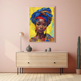 Vibrant Woman Portrait with Geometric Headwrap - Cultural or Heritage Poster PosterGoat