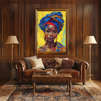 Vibrant Woman Portrait with Geometric Headwrap - Cultural or Heritage Poster PosterGoat
