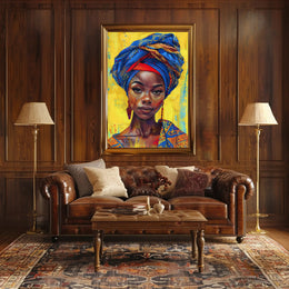 Vibrant Woman Portrait with Geometric Headwrap - Cultural or Heritage Poster PosterGoat
