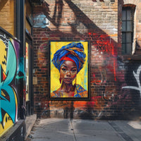 Vibrant Woman Portrait with Geometric Headwrap - Cultural or Heritage Poster PosterGoat