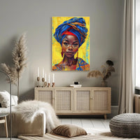 Vibrant Woman Portrait with Geometric Headwrap - Cultural or Heritage Poster PosterGoat