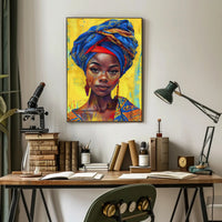 Vibrant Woman Portrait with Geometric Headwrap - Cultural or Heritage Poster PosterGoat