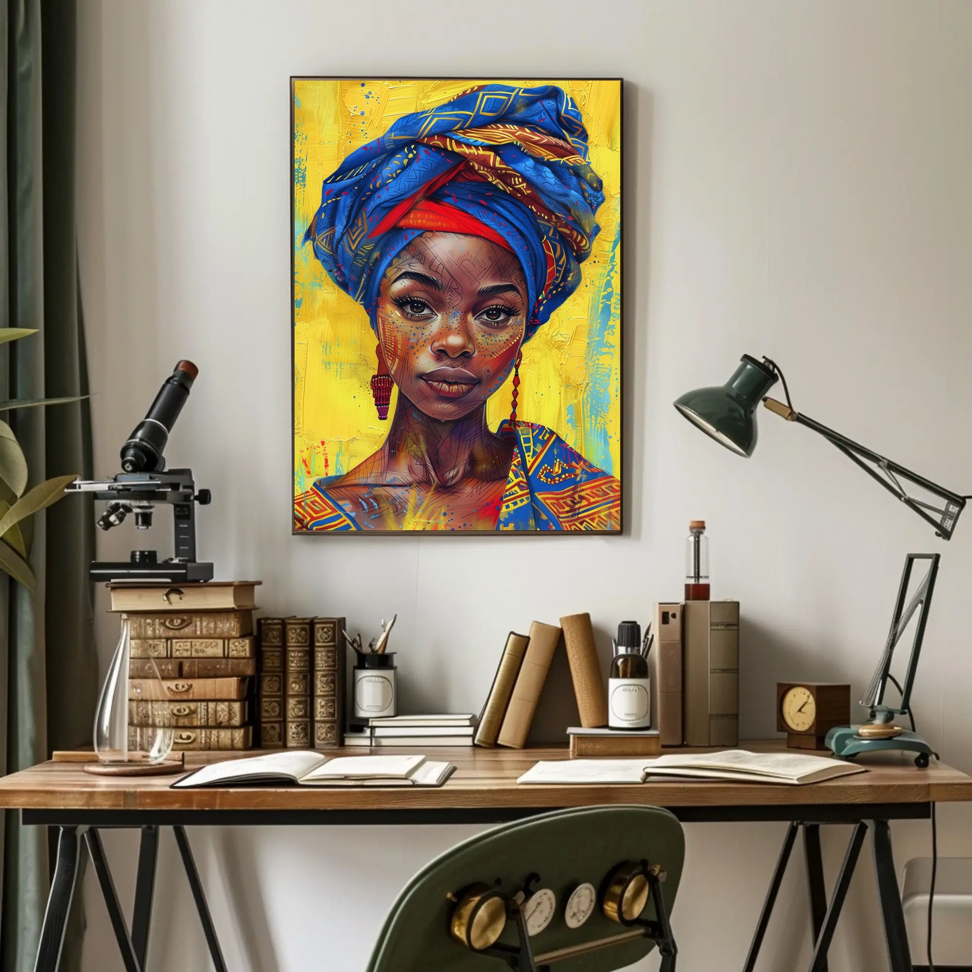 Vibrant Woman Portrait with Geometric Headwrap - Cultural or Heritage Poster PosterGoat