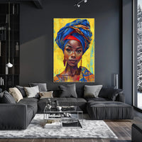 Vibrant Woman Portrait with Geometric Headwrap - Cultural or Heritage Poster PosterGoat