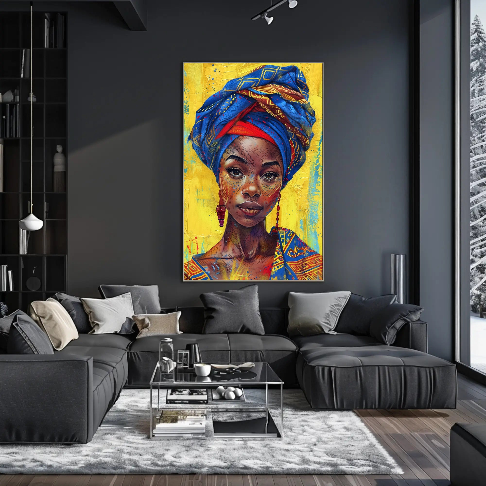 Vibrant Woman Portrait with Geometric Headwrap - Cultural or Heritage Poster PosterGoat