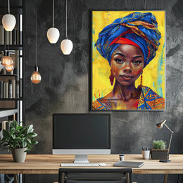 Vibrant Woman Portrait with Geometric Headwrap - Cultural or Heritage Poster PosterGoat