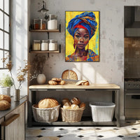 Vibrant Woman Portrait with Geometric Headwrap - Cultural or Heritage Poster PosterGoat