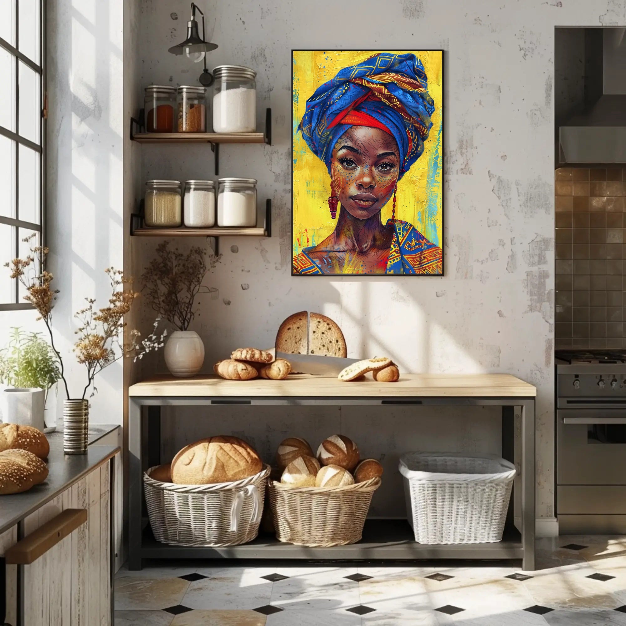 Vibrant Woman Portrait with Geometric Headwrap - Cultural or Heritage Poster PosterGoat