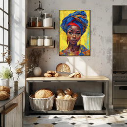Vibrant Woman Portrait with Geometric Headwrap - Cultural or Heritage Poster PosterGoat