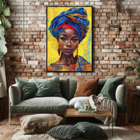 Vibrant Woman Portrait with Geometric Headwrap - Cultural or Heritage Poster PosterGoat
