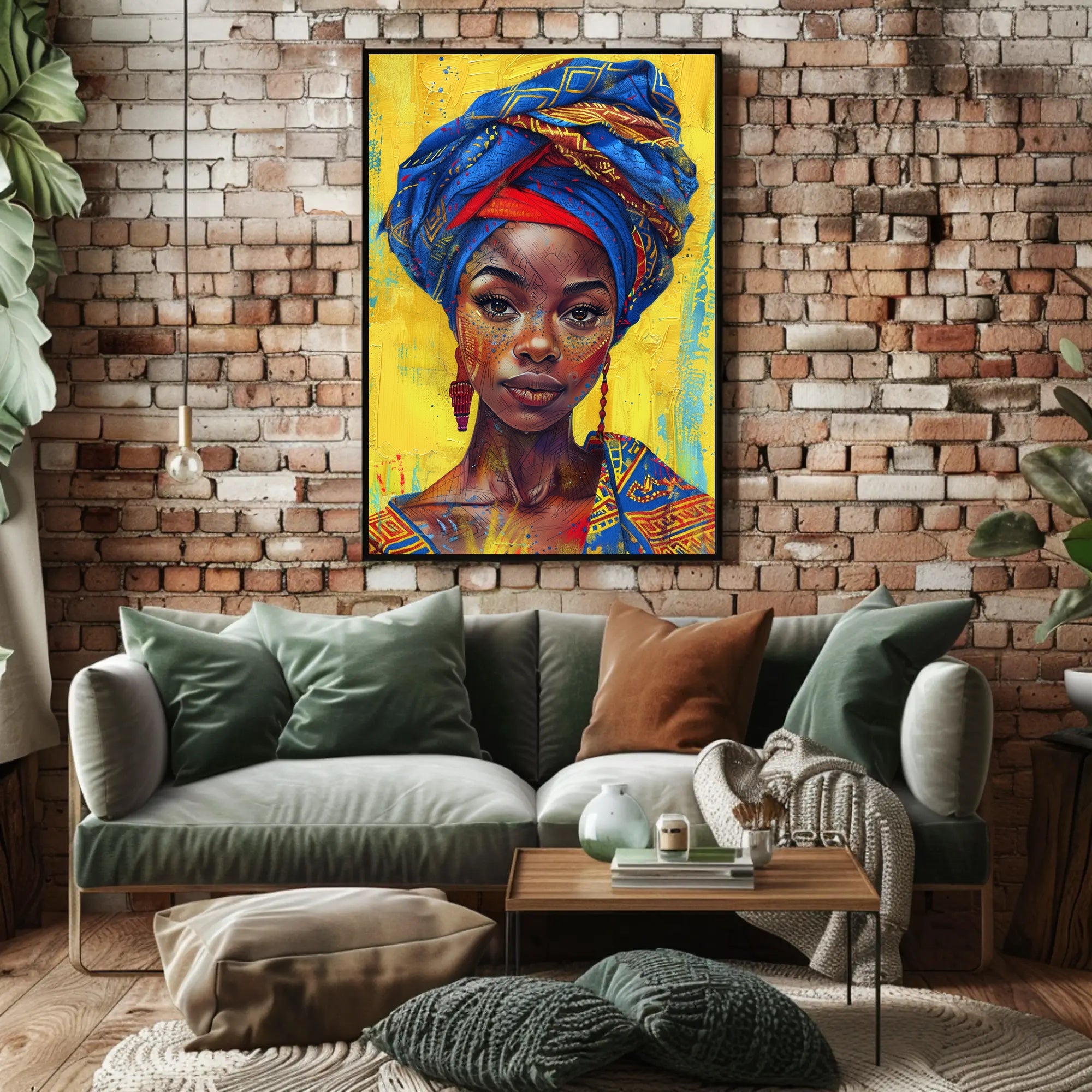 Vibrant Woman Portrait with Geometric Headwrap - Cultural or Heritage Poster PosterGoat
