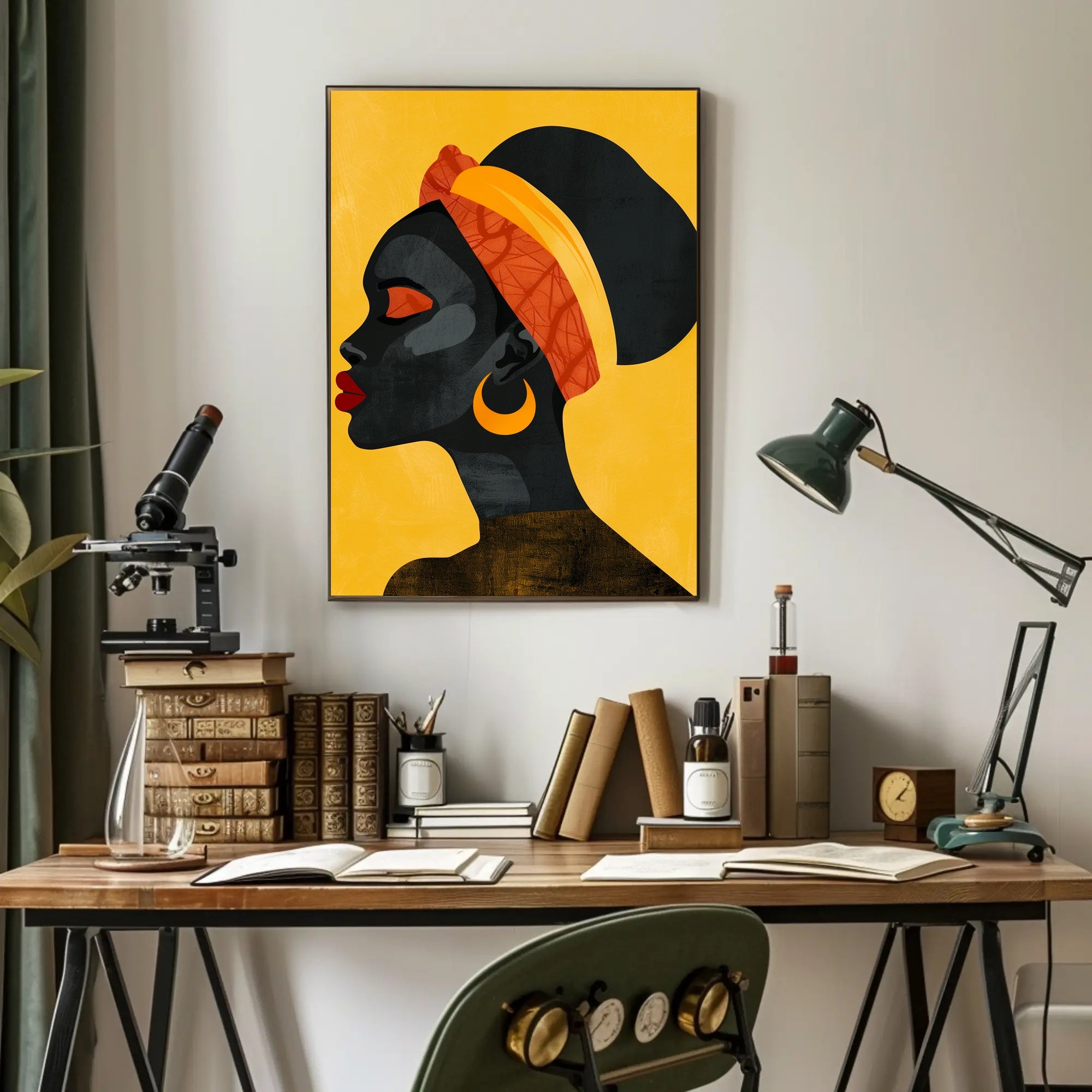 Vibrant Woman in Profile with Modern Cultural Flair: Artistic Poster PosterGoat