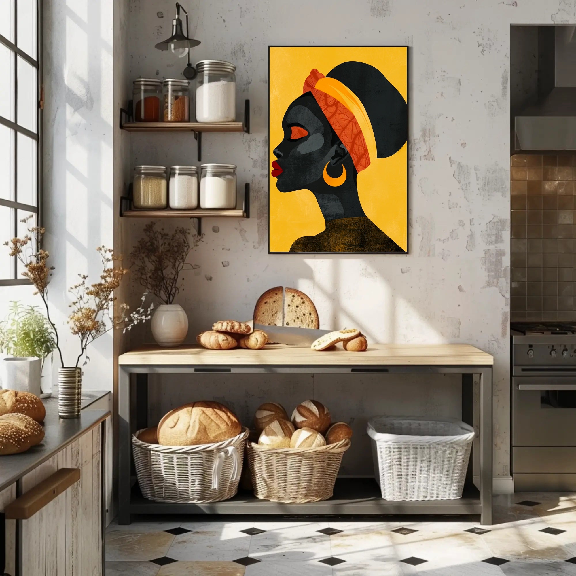 Vibrant Woman in Profile with Modern Cultural Flair: Artistic Poster PosterGoat