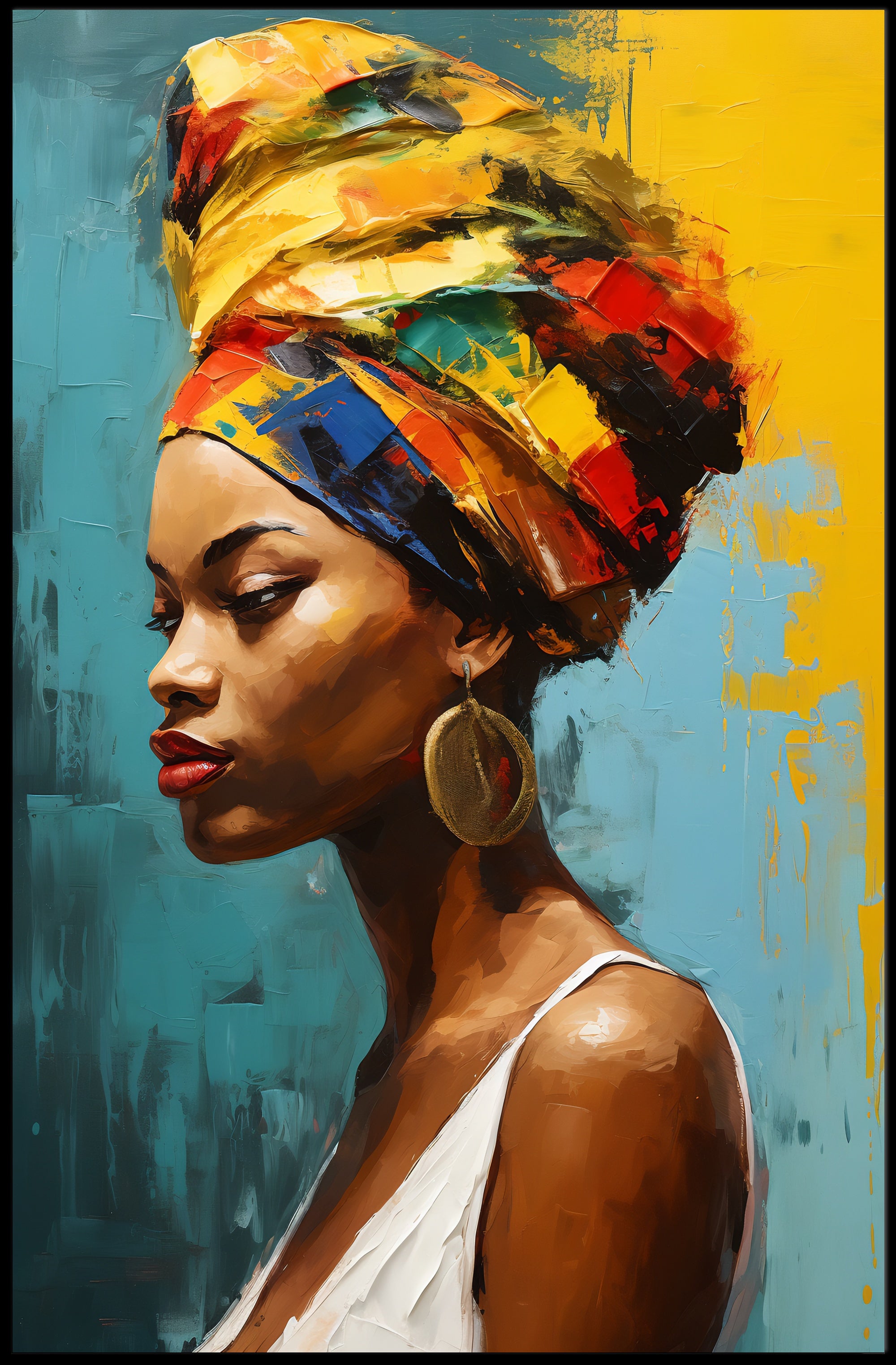 Vibrant Woman's Portrait with Colorful Headwrap Artistic Poster PosterGoat