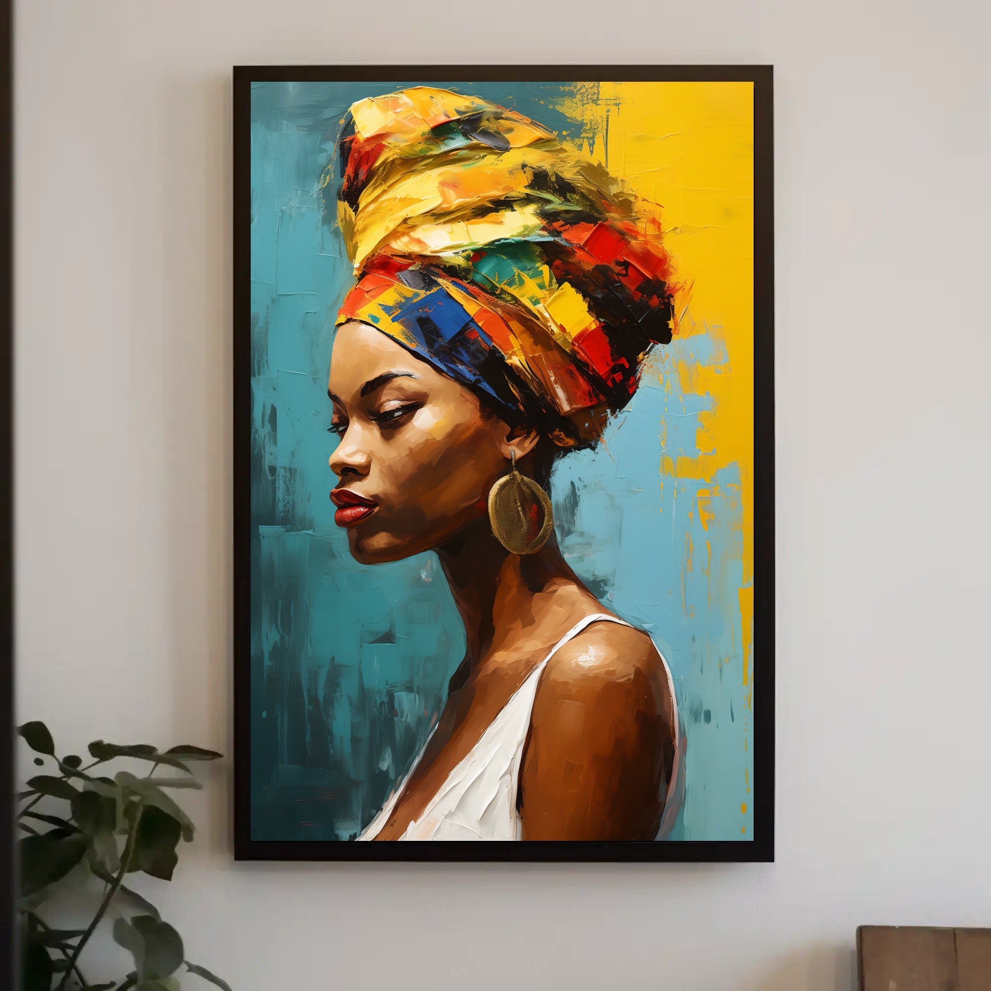 Vibrant Woman's Portrait with Colorful Headwrap Artistic Poster PosterGoat