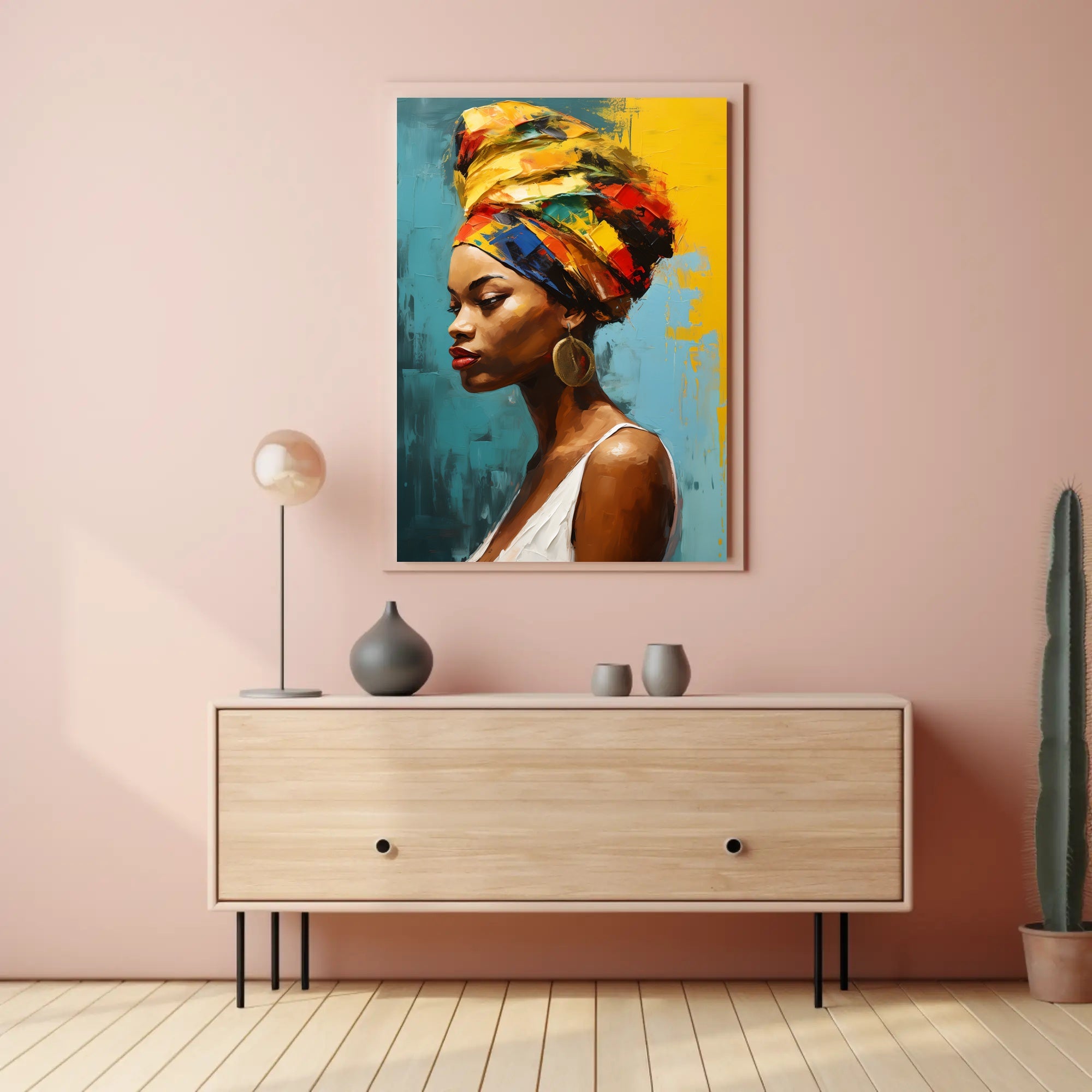Vibrant Woman's Portrait with Colorful Headwrap Artistic Poster PosterGoat