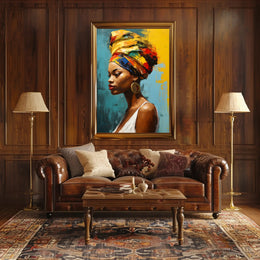Vibrant Woman's Portrait with Colorful Headwrap Artistic Poster PosterGoat