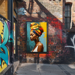 Vibrant Woman's Portrait with Colorful Headwrap Artistic Poster PosterGoat