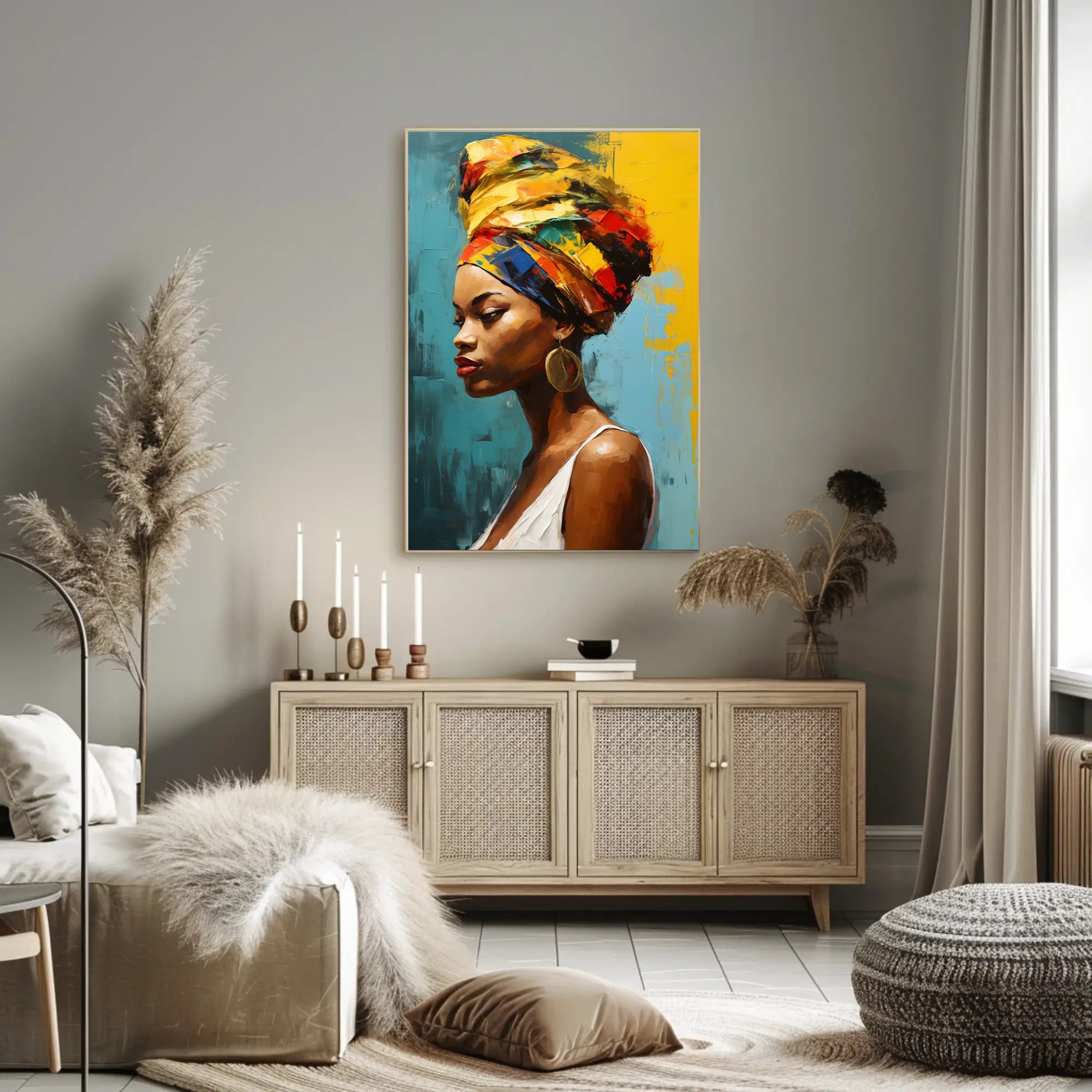 Vibrant Woman's Portrait with Colorful Headwrap Artistic Poster PosterGoat