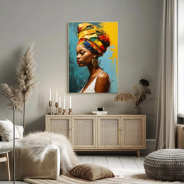 Vibrant Woman's Portrait with Colorful Headwrap Artistic Poster PosterGoat