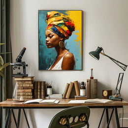 Vibrant Woman's Portrait with Colorful Headwrap Artistic Poster PosterGoat