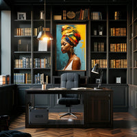Vibrant Woman's Portrait with Colorful Headwrap Artistic Poster PosterGoat