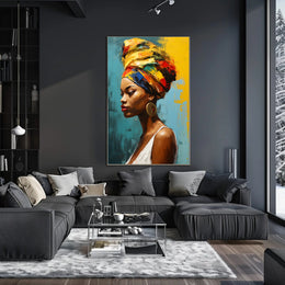 Vibrant Woman's Portrait with Colorful Headwrap Artistic Poster PosterGoat