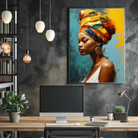 Vibrant Woman's Portrait with Colorful Headwrap Artistic Poster PosterGoat