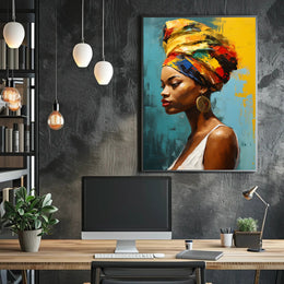 Vibrant Woman's Portrait with Colorful Headwrap Artistic Poster PosterGoat